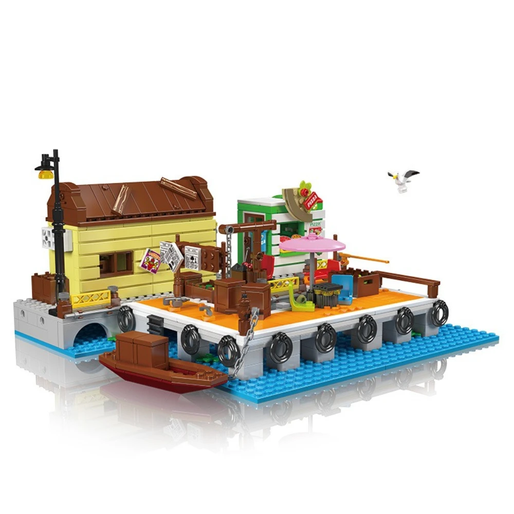 MOC Seaside Hotel Loading And Unloading Dock Building Blocks Set Island Ship Architecture Toy For Children Birthday Holiday Gift