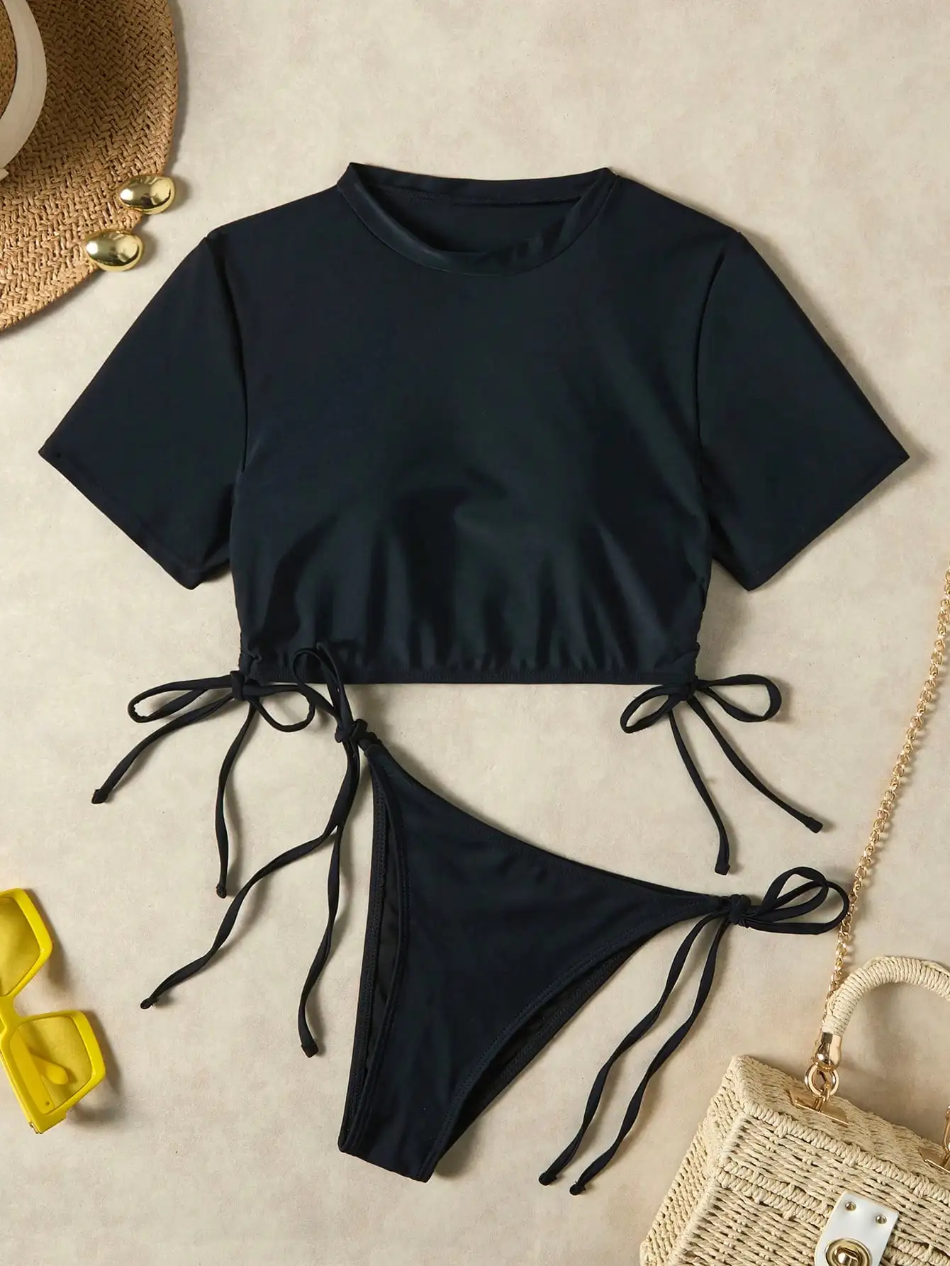 

Женский летний комплект бикини на шнурке однотонного цвета, пляжный купальник