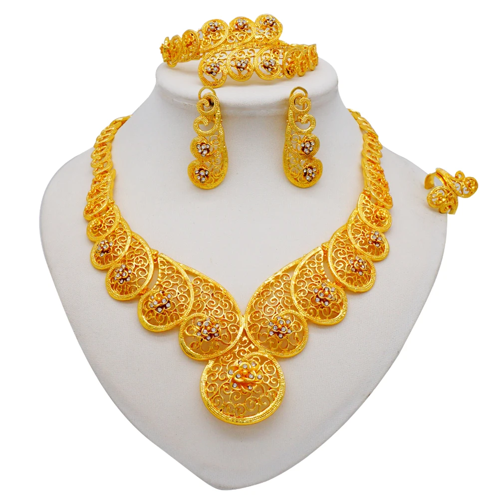 

Exquisite Dubai Trendy Gold Jewellery African Jewelry Bridal Gifts Wedding Ornament Jewellery Necklace Earrings Set For Women