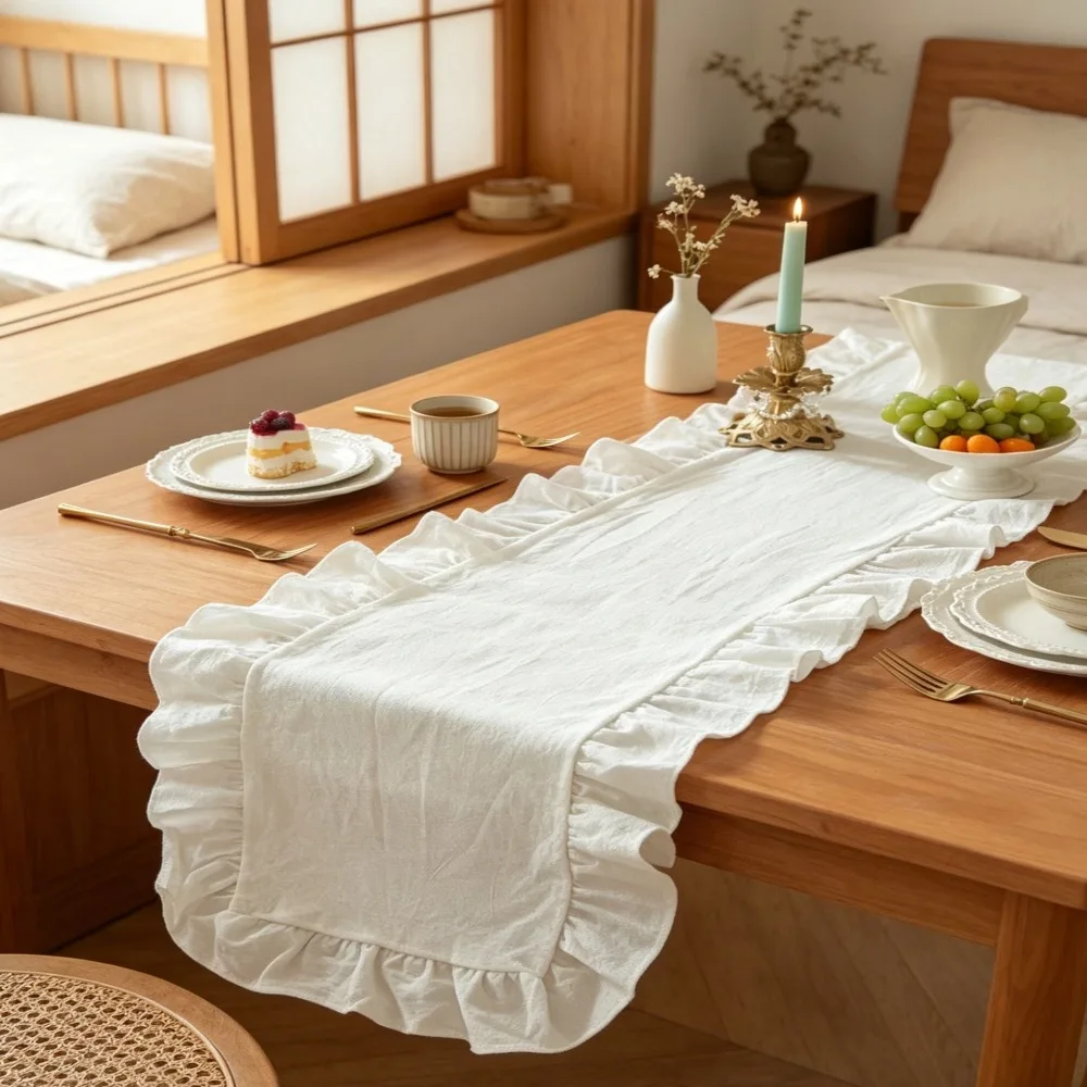 35x180cm Ruffled Edge Table Runner Cotton Ruffled Edge Cotton Table Runner Anti Slip Solid Color Rectangular Table Runner