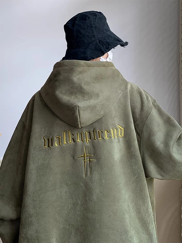 

Мужская толстовка-худи из плотной замши, осенне-зимняя, в американском ретро-стиле, с вышивкой, свободного кроя, повседневная, в стиле хип-хоп