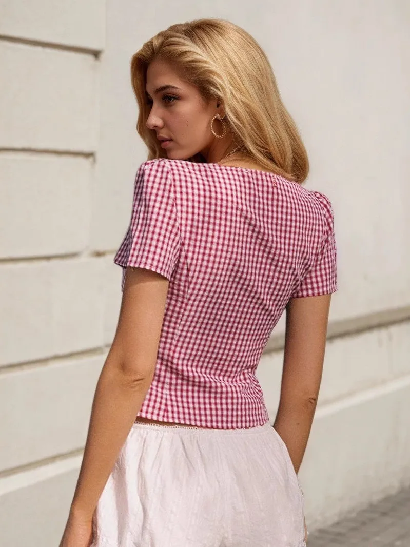 

Sexy Slim Fit ort Sve V-ne Top Women's Faionable Casual irt PU Material Plaid Pattern Autumn Collection