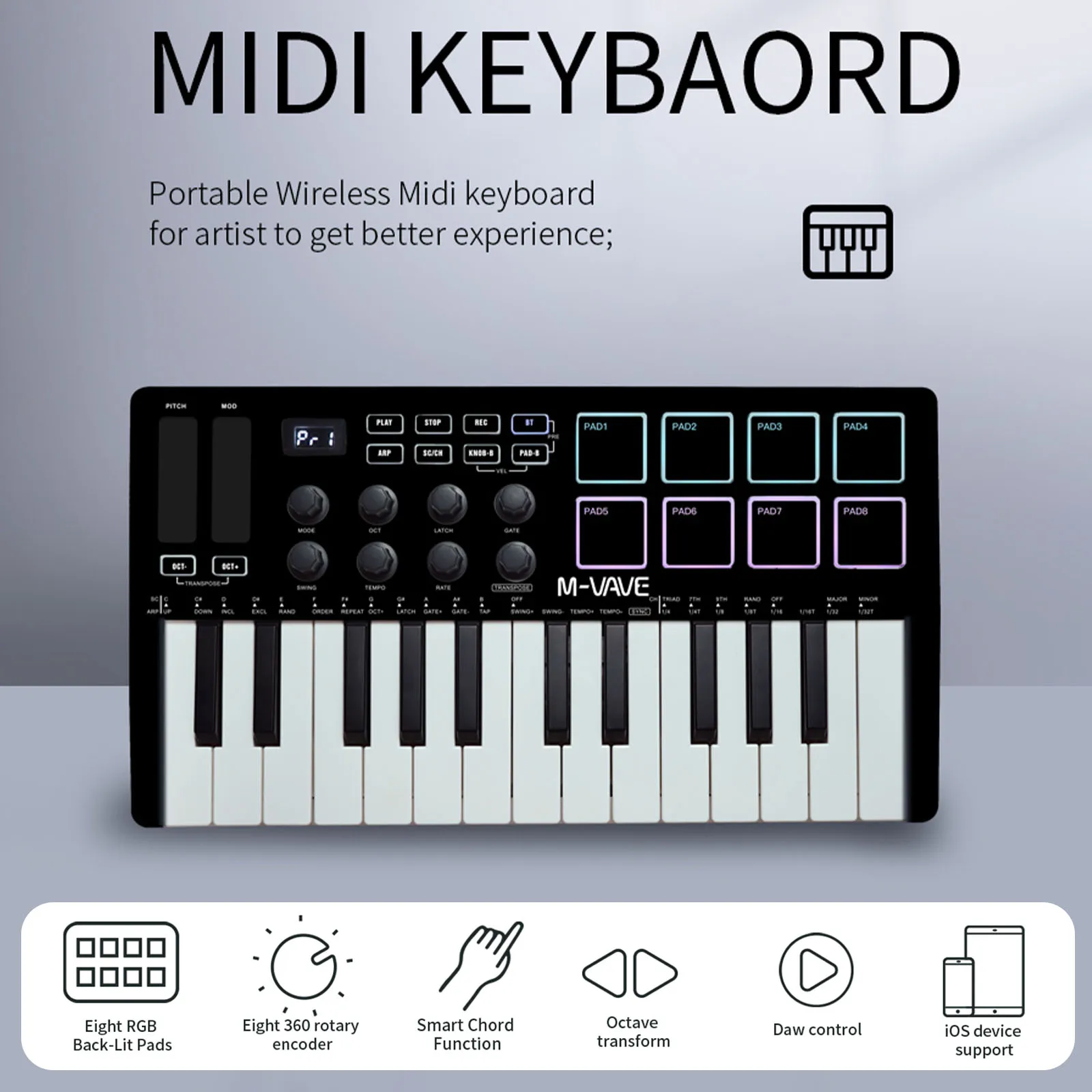 

25 Key USB MIDI Keyboard Controller With 8 Backlit Drum Pads Bluetooth Semi Weighted Professional dynamic keybed 8 Knobs Music