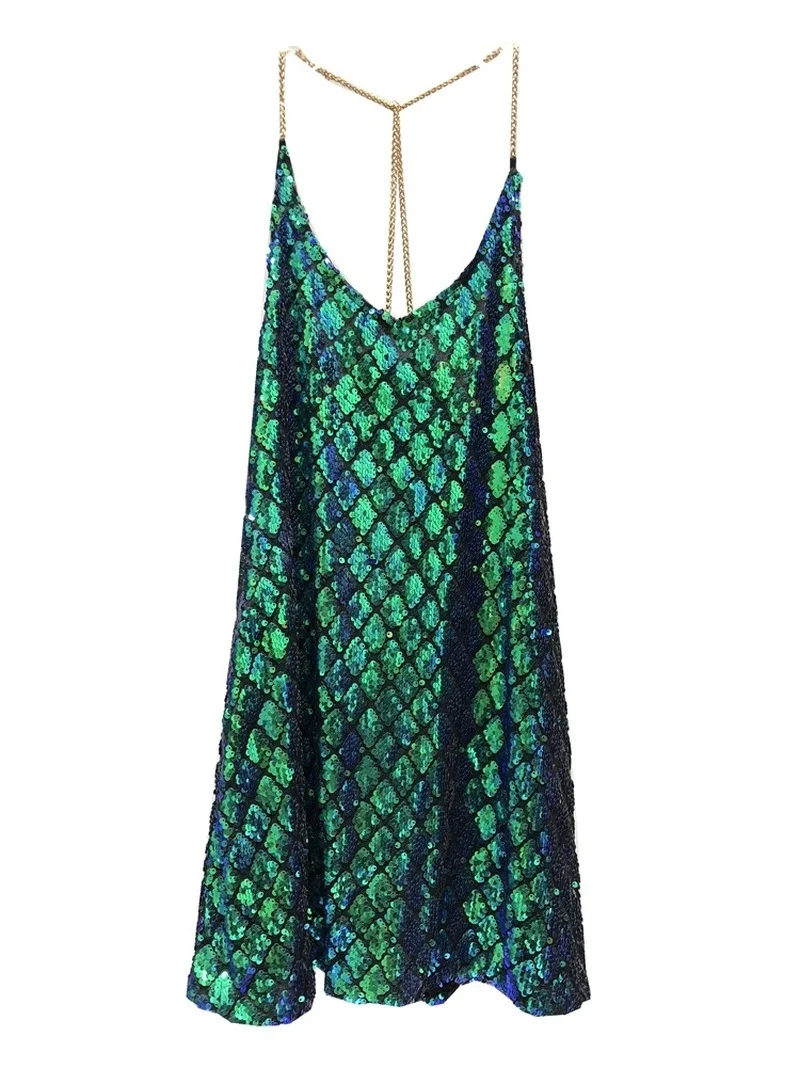 Sexy Dresses Party Night Club Dress 2024 Dress Summer Metal Hanging Neck Sequins Backless Holiday Skirt with Shoulder-straps