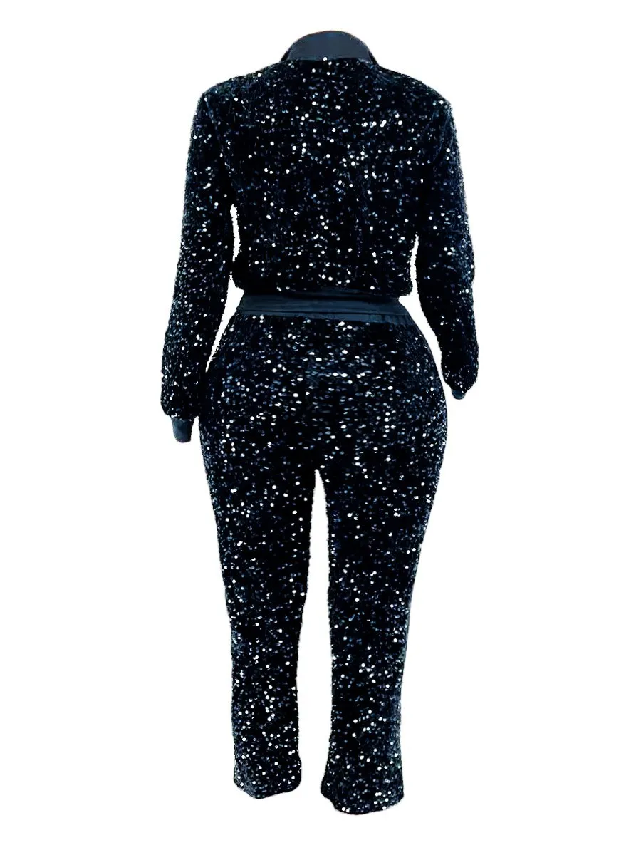 LW – ensemble pantalon à paillettes et fermeture éclair pour femme, tenue de soirée et boîte de nuit, couleur argent, à la mode, grande taille