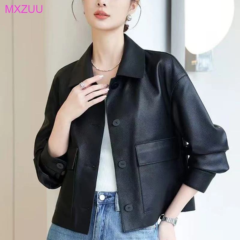 2025 Women's Spring Jacket Retro Leather Clothing High Quality Sheepskin Lychee Print Maillard Color Lapel Casual Short Coat