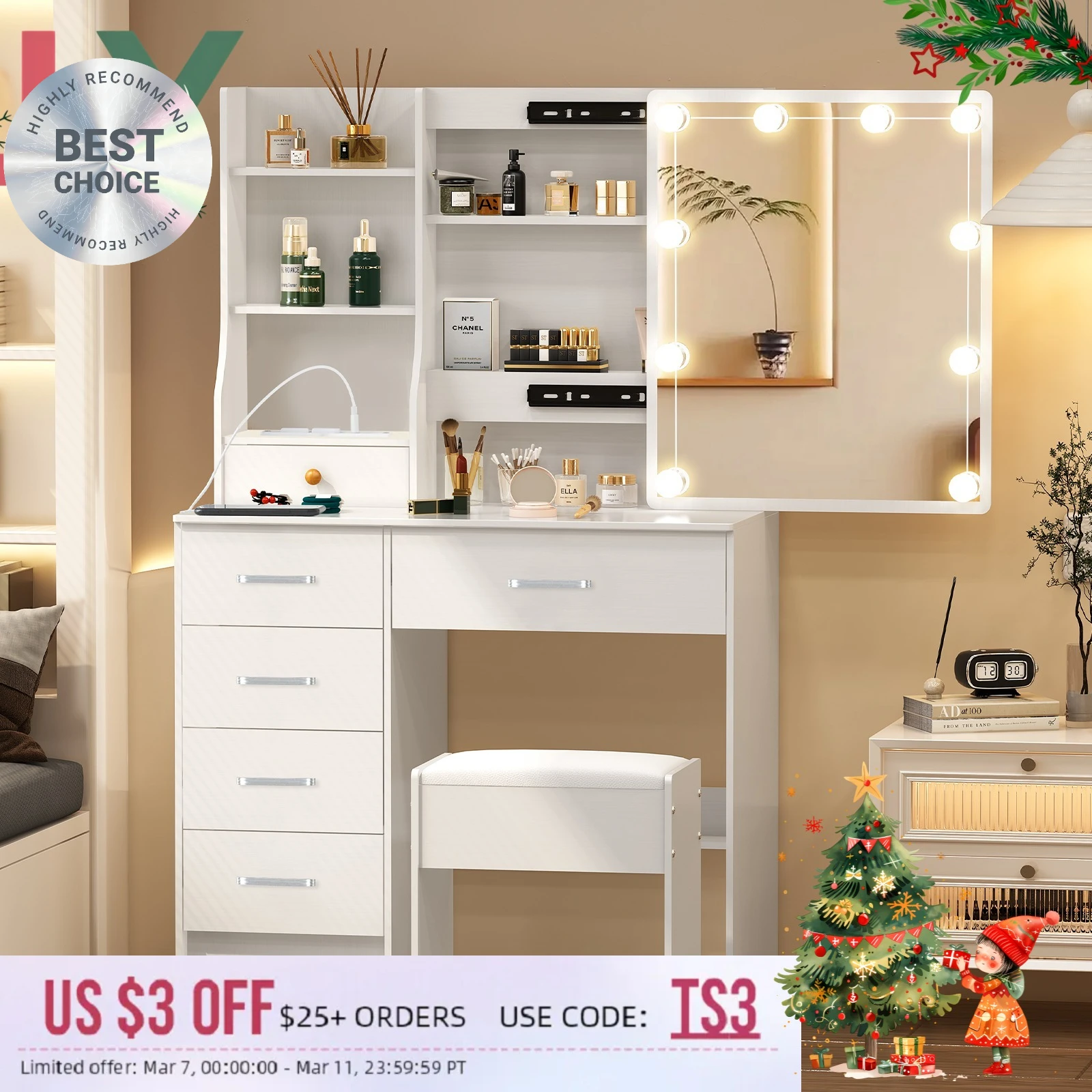 10 LED Vanity Desk with Lighted Mirror, USB Port & 4 Drawers, Makeup Dressing Table Set w/ Stool for Bedroom