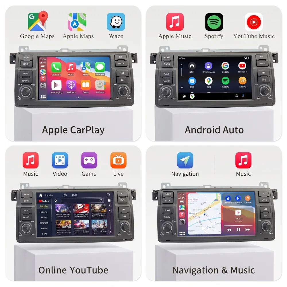 Bonroad Pantalla Táctil de 7'' con Linux, Apple CarPlay y Android Auto para BMW E46 M3, Rover MG ZT 318 320 325 350 335 1998-2006, Sistemas Inteligentes, Radio para Auto 2 Din