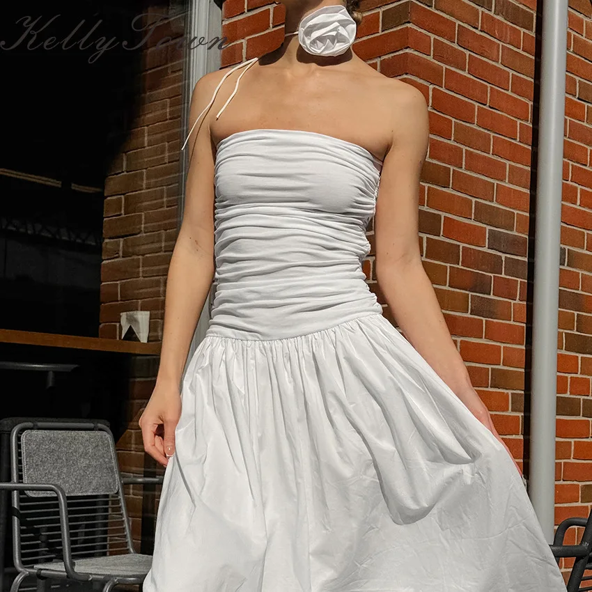 White Modal Strapless Dress 2026 Spring Summer Dress With Lining High Waisted Long Skirt Dress for Dating Outing Party Clothing