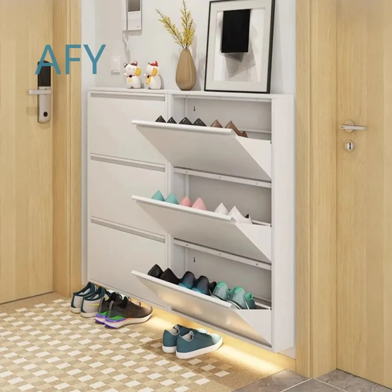 Ultra Slim Steel Shoe Cabinet for Wall Entryway Organizer for Small Space Saving Narrow Design with Max Capacity Storage
