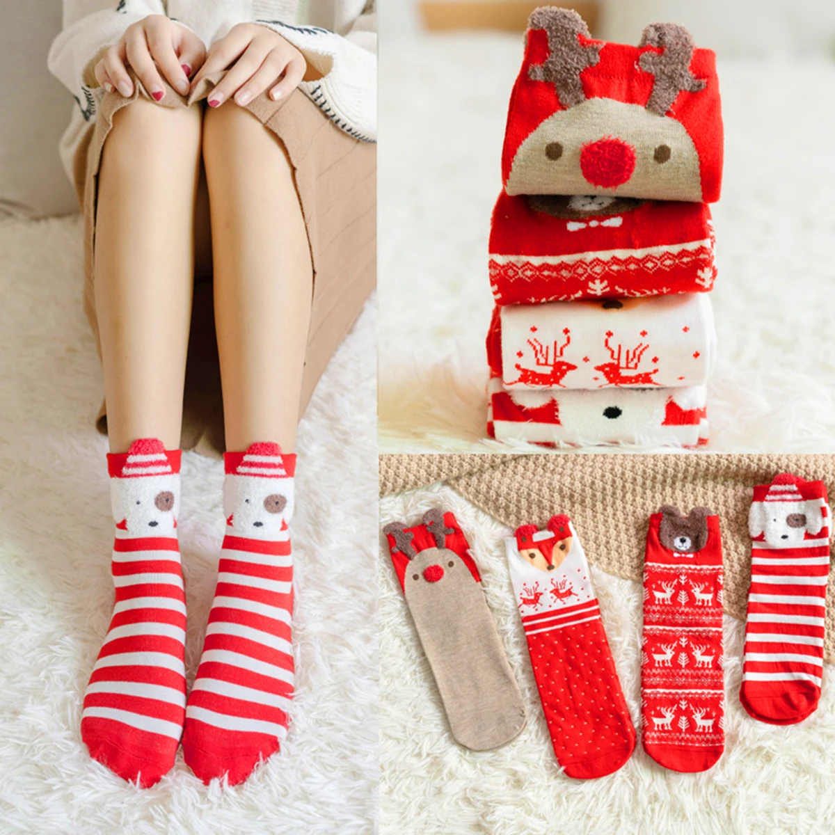 

4 Pairs 2023 Women Socks Christmas Diagonal Lovely Girls Striped Christmas Thigh High Stockings Knee Keep Warm Cartoon Cute