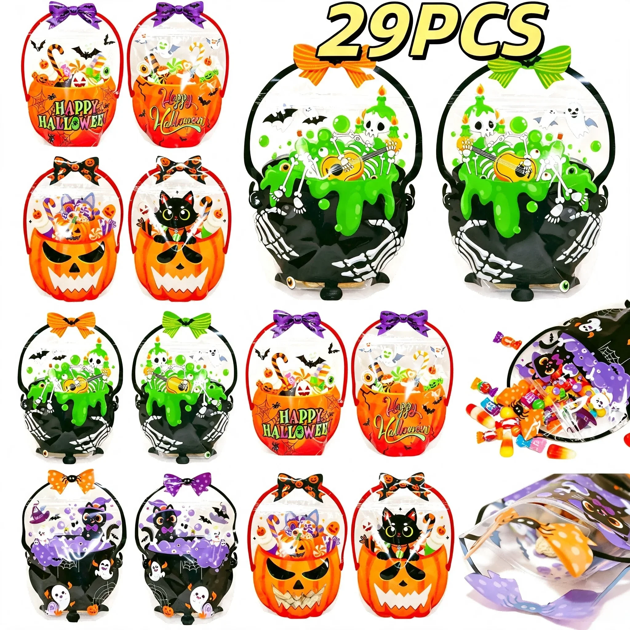 29Pcs Halloween Bags Plastic Halloween Goodie Bags With Handles Scary Cauldron Sealed Pouch Sealing Pumpkin Treat Candy Pouch For Scary Holiday Party Candy Gift Supplies Decor, 4 Designs