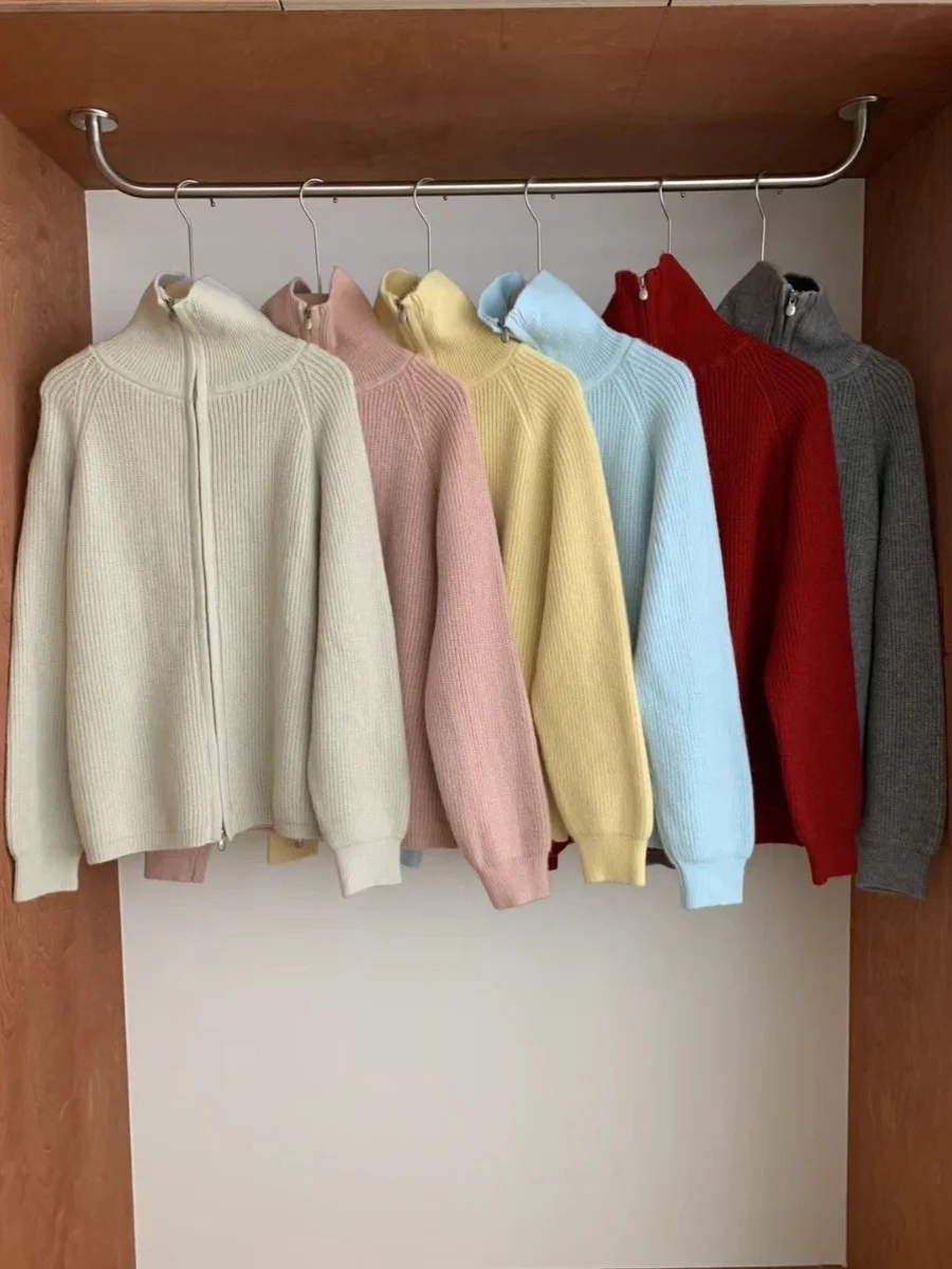 الكورية Sle Thiened ey مزدوجة سستة طوق المرأة Jaet البيض محبوك سترة الخريف الشتاء جديد سترة الوزن الثقيل #5