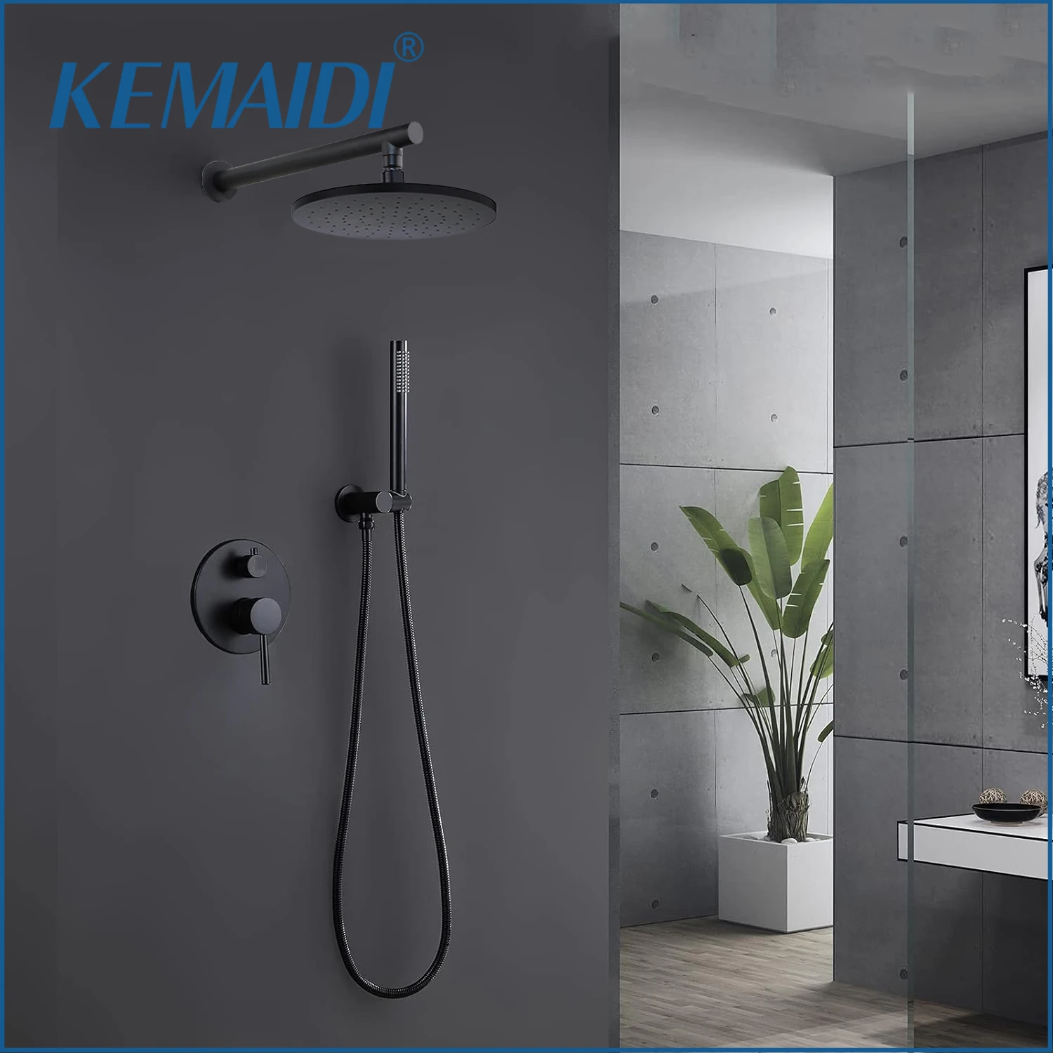 KEMAIDI Black Round Modern Rainfall Shower Systyerm Wall Mounted Bathroom Shower Faucet Sets Shower Head & Hand Shower Set