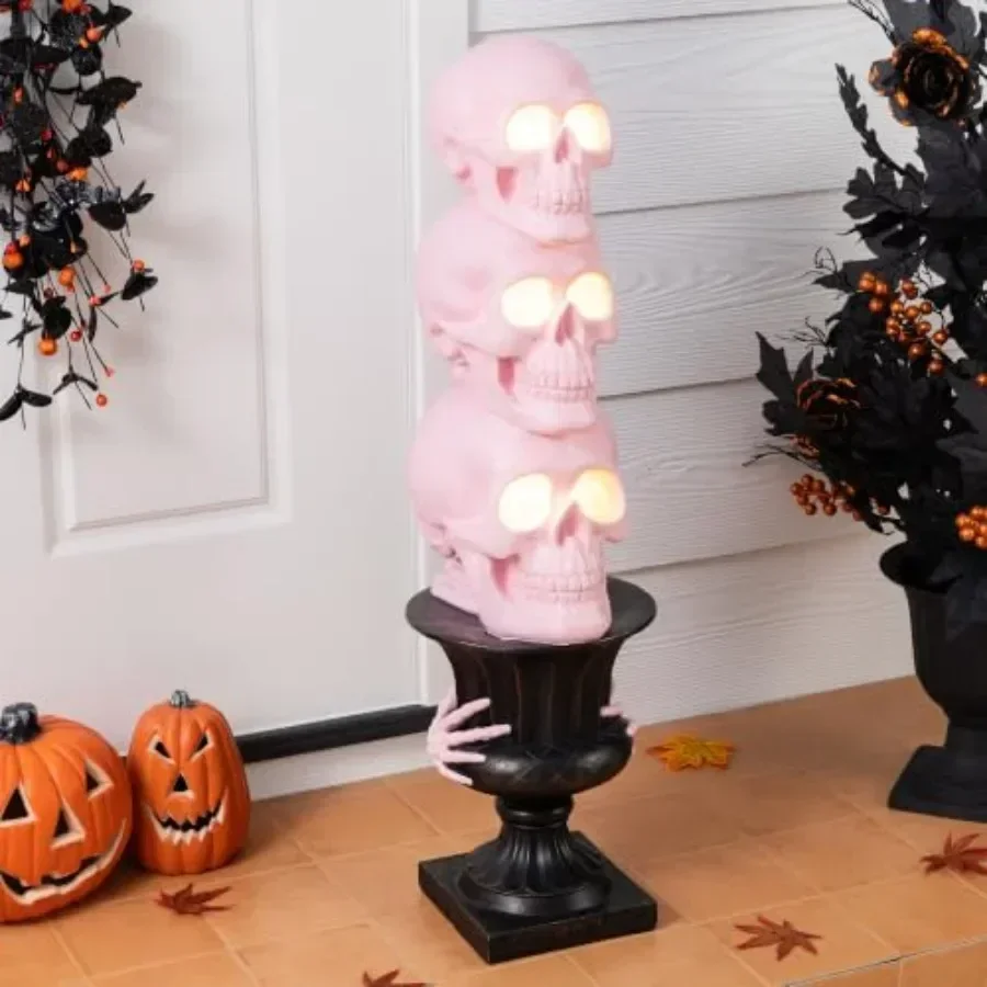 Halloween porch decor: pink MGO skeleton statue with black urn timer, 31.50 H lighted stacked decoration for outdoor indoor yar