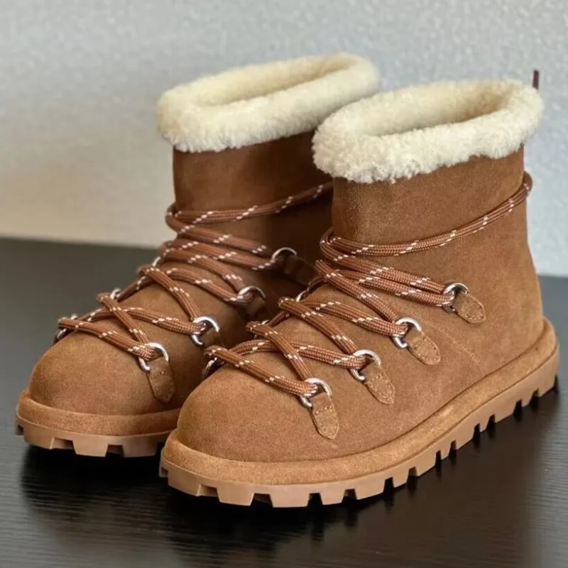 2025 Winter New Leather Snow Boots Bread Shoes Lamb Wool Warm Cotton Boots Flat Female Ankle Boots Thicken Plush Waterproof New