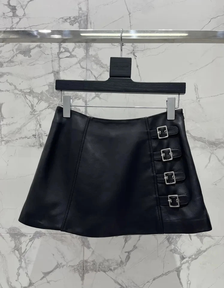 

2024 Summer Fashion Women High Quality Real Leather Chic Sheepskin Mini Black Skirt for Ladies