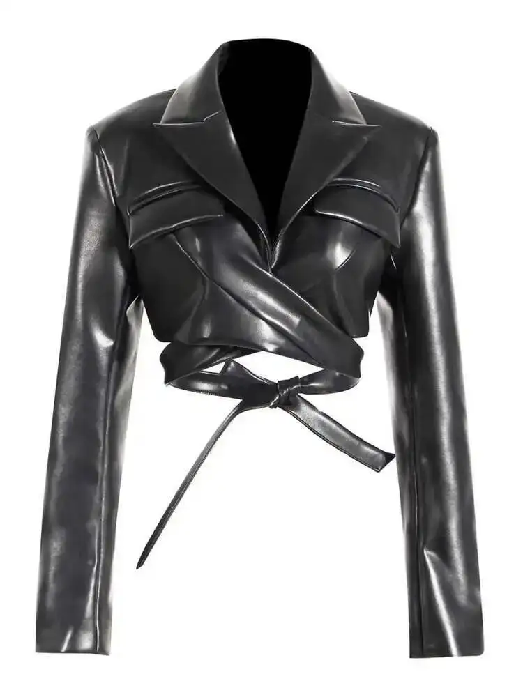 

Модная женская куртка с отложным воротником, приталенная, с перекрестной шнуровкой на талии, с длинными рукавами, из искусственной кожи, короткое пальто, осень 2026, новинка 2YIA