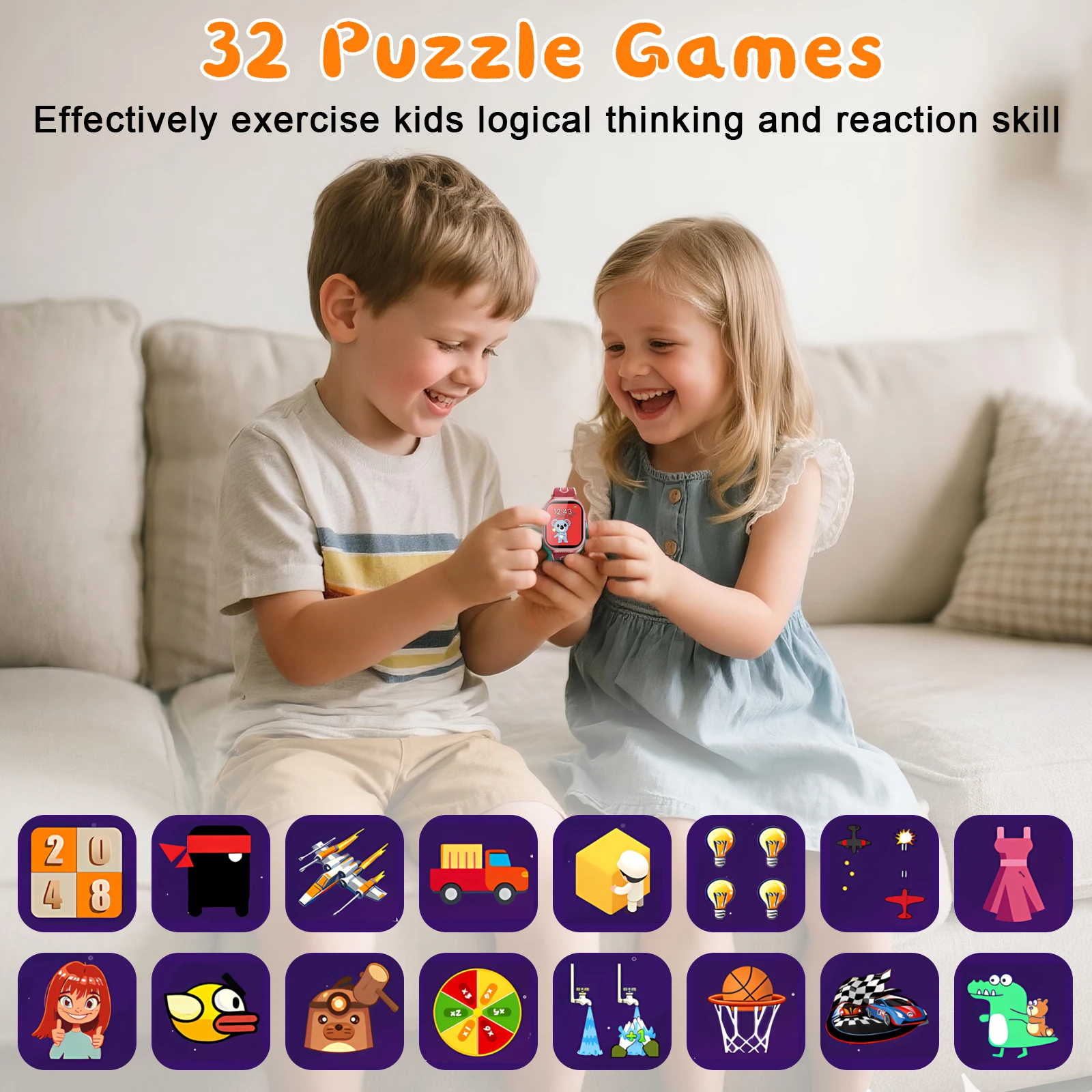 Kids Smartwatch for Boys & Girls, 32 Puzzle Games & Habit Tracking, Camera/Video/Music/Pedometer, Educational Learning Watch