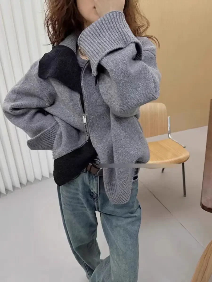 

Женский кашемировый кардиган с высоким воротом, свитер, зимнее пальто в европейском стиле с наклонной молнией, вязаная зимняя верхняя одежда