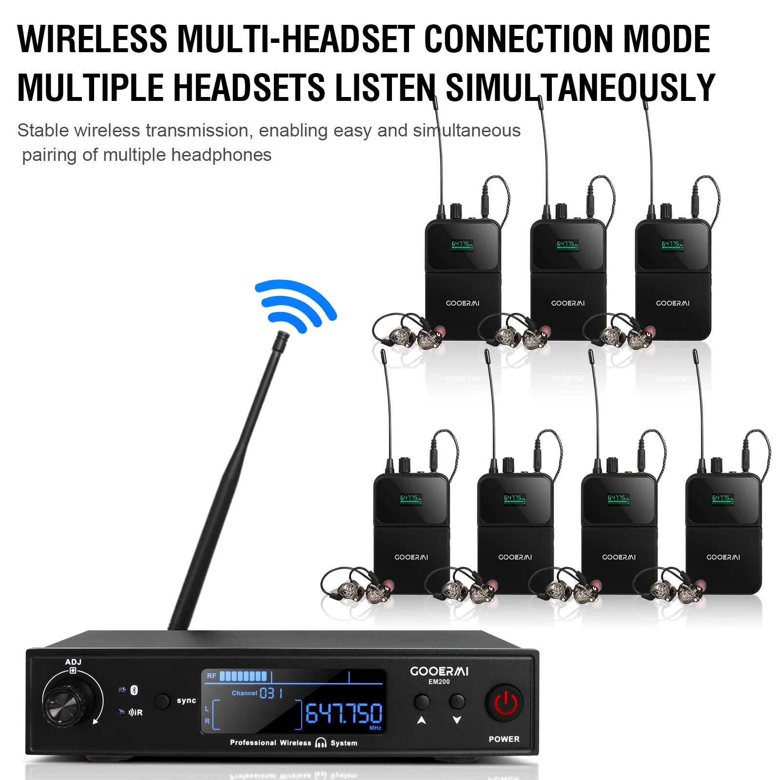 Gooermi EM200 UHFワイヤレスインイヤーモニターシステム（Bluetooth 5.0搭載）ステージパフォーマンス、バンド、ウェブキャスト、レコーディングスタジオ向け