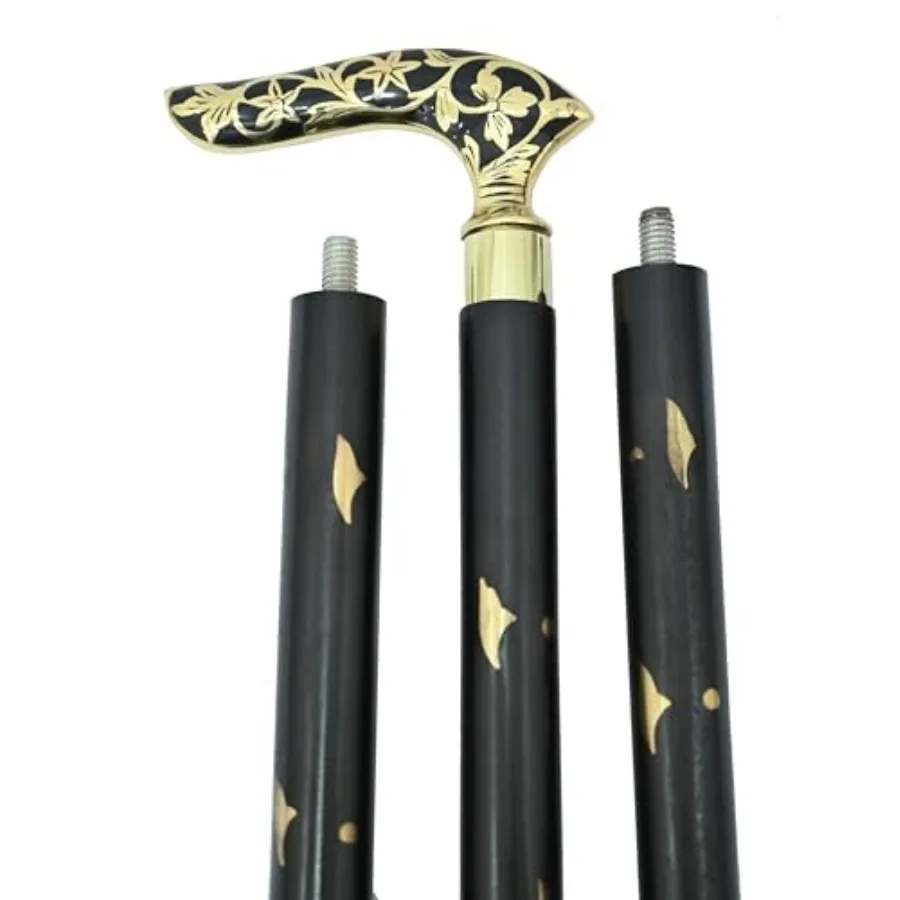 

Handmade Luxury Floral Walking Cane for Men and Women Elegant Black Wooden Walking Stick with Gold Inlay, Ergonomic Handle