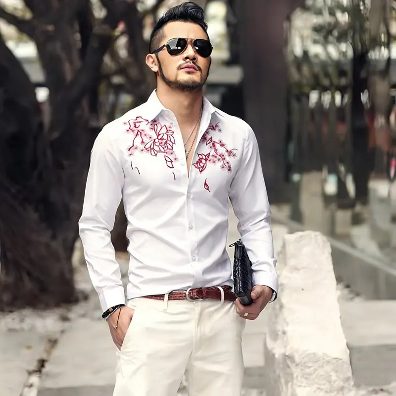 

Spring 2026 Men's Long Sve irt Floral Embroidery European Size Stand Fit Casual Sle Breathable Polyester Fiber