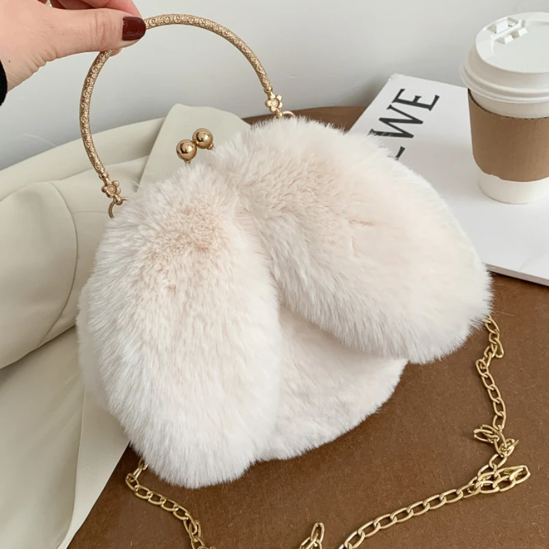 2022 Autumn Winter New Korean Style Women Portable Plush Bags Chain Lovely Rabbit Plush Shoulder Diagonal Bag All-match