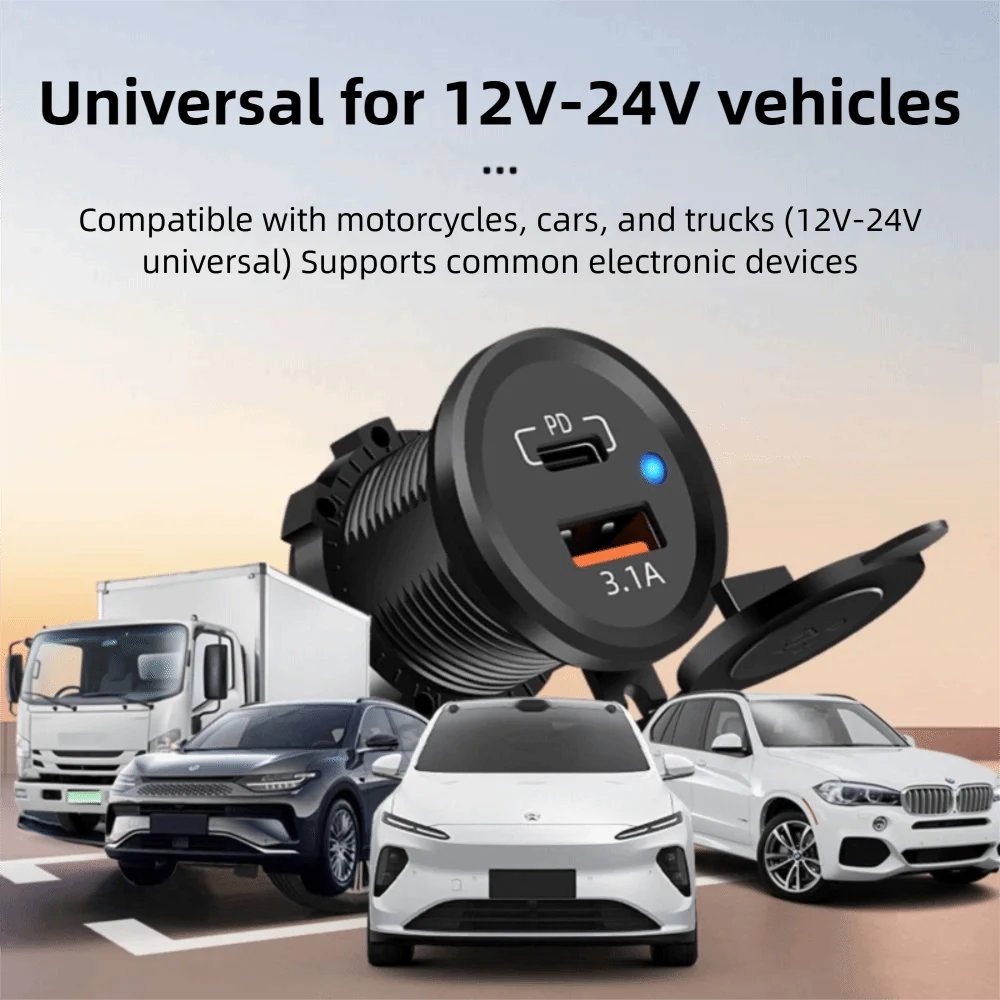 

Адаптер 12 В-24 В Автомобильное зарядное устройство Быстрый водонепроницаемый PD USB-розетка Светодиодный светильник Power Truck