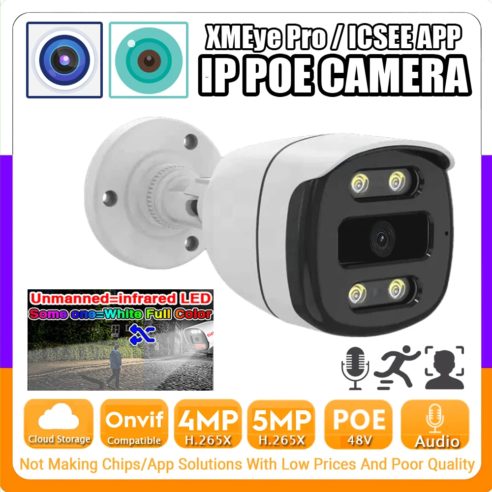 ICSEE APP Ai Audio Infrared+White LED Full Color Dual Light POE IP Camera 5MP 4MP HD Mic Outdoor Waterproof Onvif Face Detection