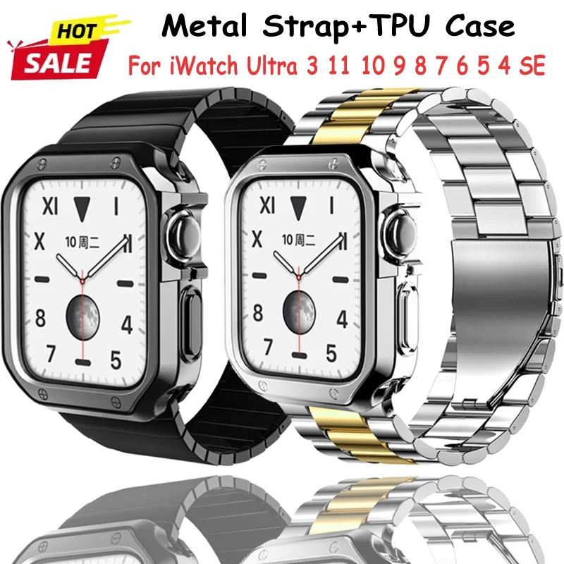 Metal Strap For Apple Watch Ultra 3 49mm 11 10 42mm 46mm Soft TPU Protective Case For iWatch 9 8 7 6 5 4 SE 45/41/44/40mm Correa