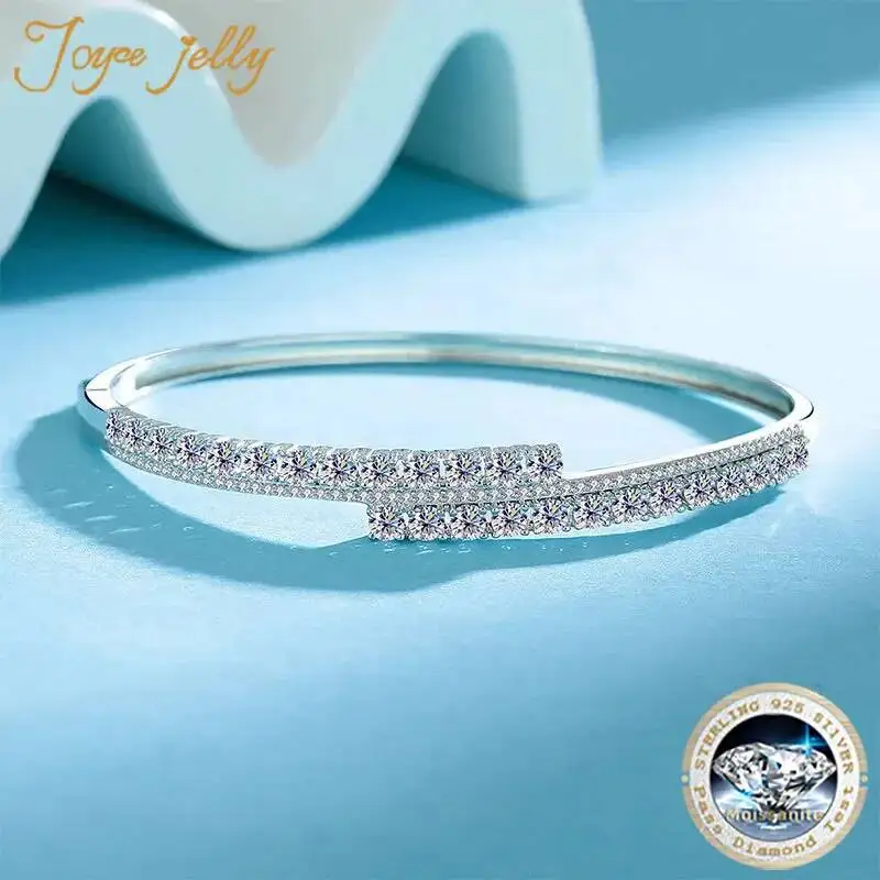 JoyceJelly S925 Sterling Silver Full Moissanite Bracelet For Women Fixed Size With Clasp Opening Bangle Female Luxury Jewelry