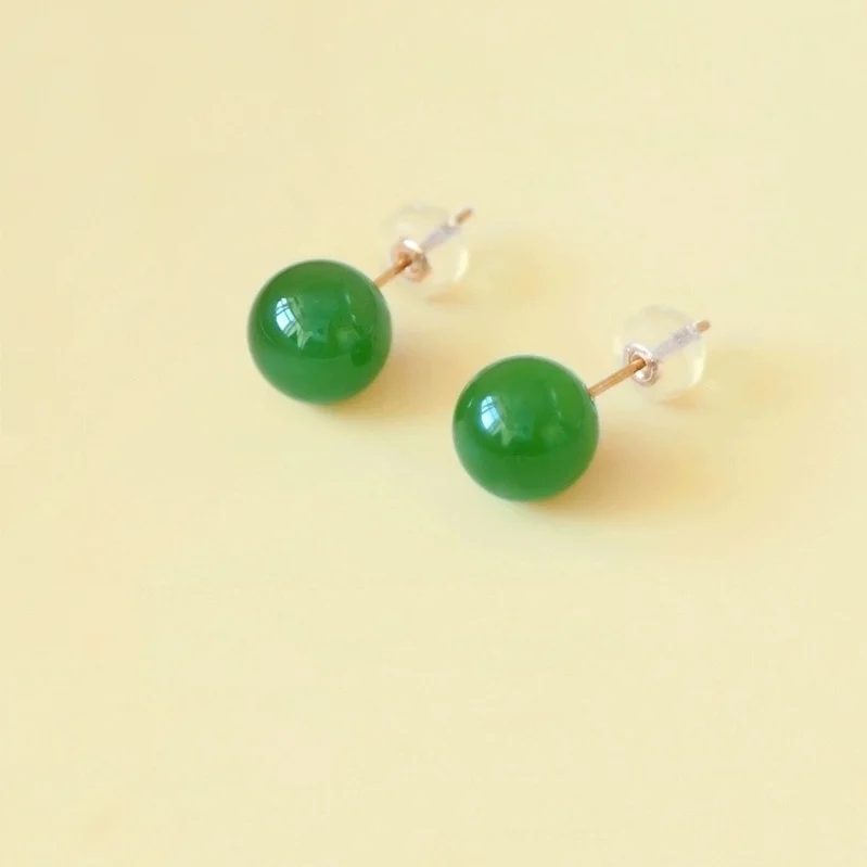 

New Real 18K Gold earrings Natural green agate for Women Au750 Design Simple Fashion Fine Jewelry Gift