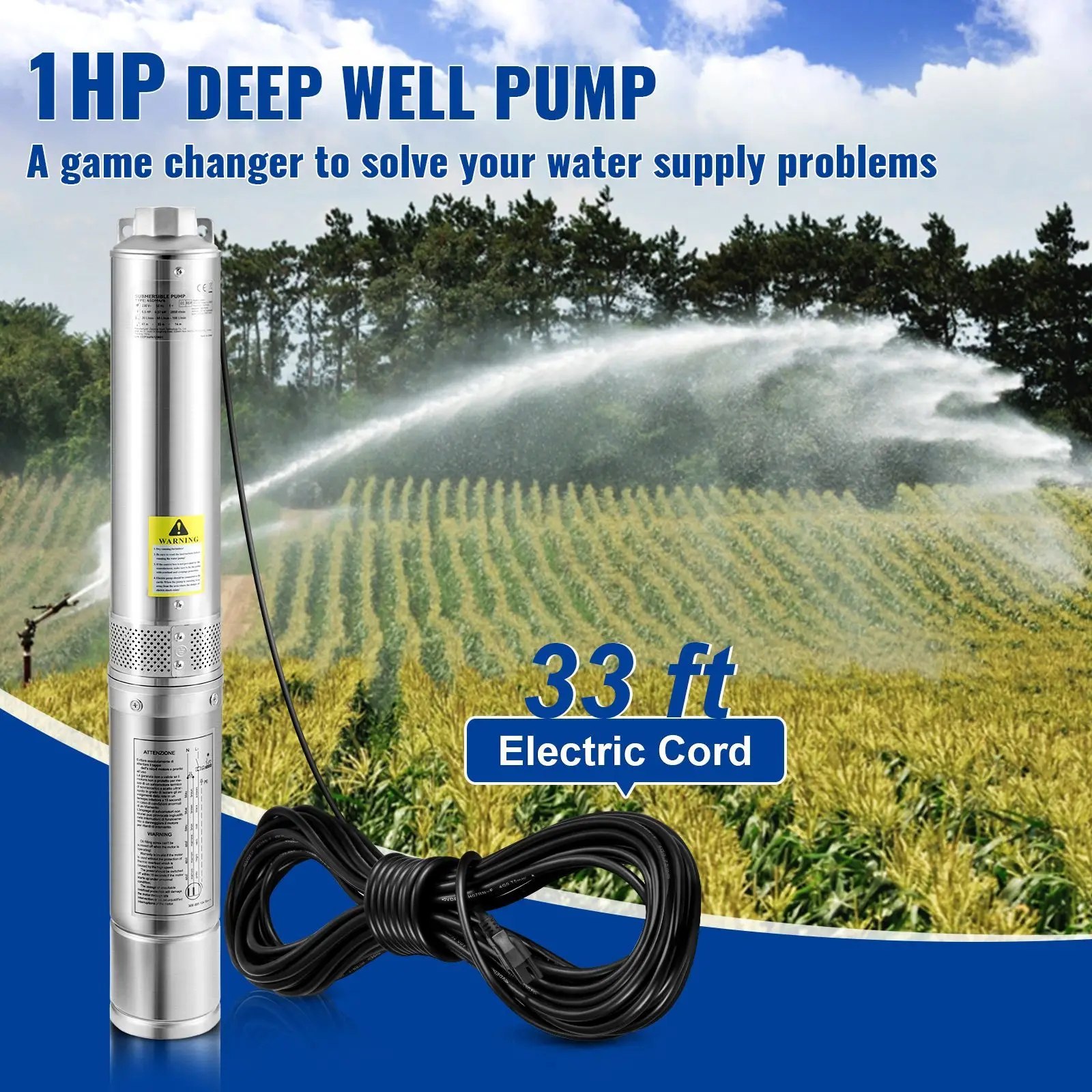 Deep Well Submersible Pump, 1HP 115V/60Hz, 37gpm Flow 207ft Head, with 33ft Electric Cord, 4