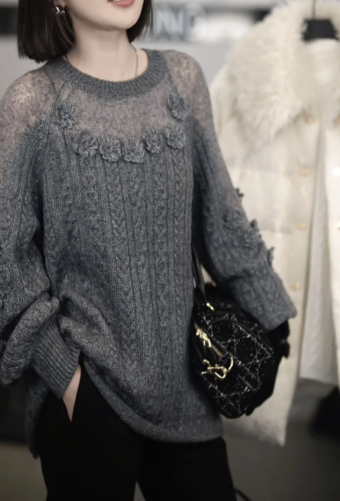 

High Street Hollow Out 3D Flower Wool Pullover Knitted Sweater Women Round Neck Casual Autumn Spring Oversized Tops C206
