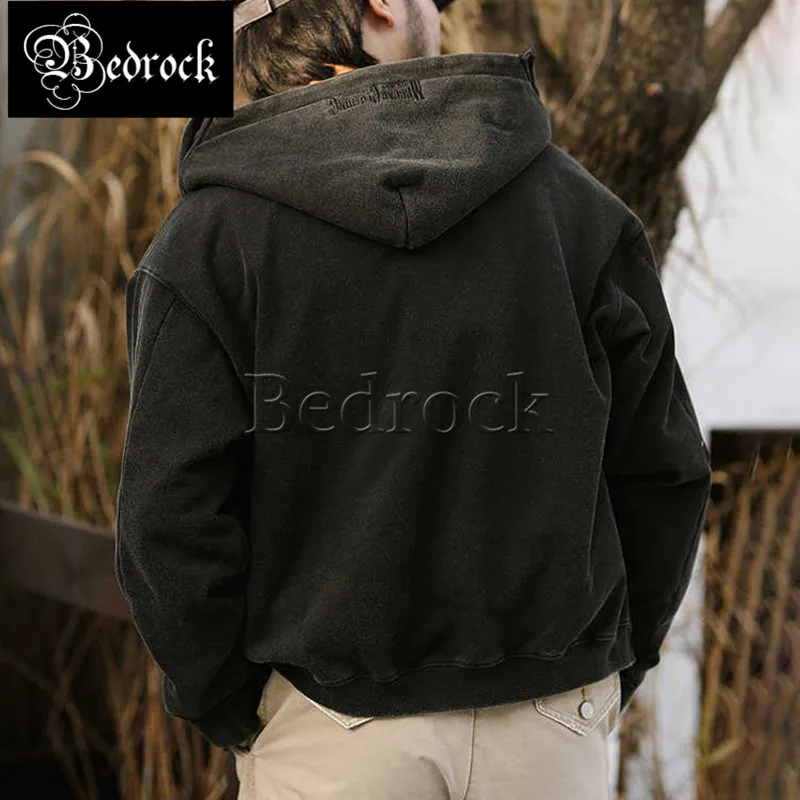 MBBCAR Black Men's Hooded Sweatshirt Structured Mismatched Patchwork Heavy Washed Double Open Zipper Sweatshirt Loose Short Coat