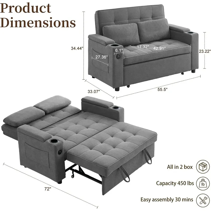 55.5'' 3-in-1 Convertible Sofa Bed, Pull Out Couch with 5-Position Adjustable Backrest, Loveseat Sleeper Sofa for Small