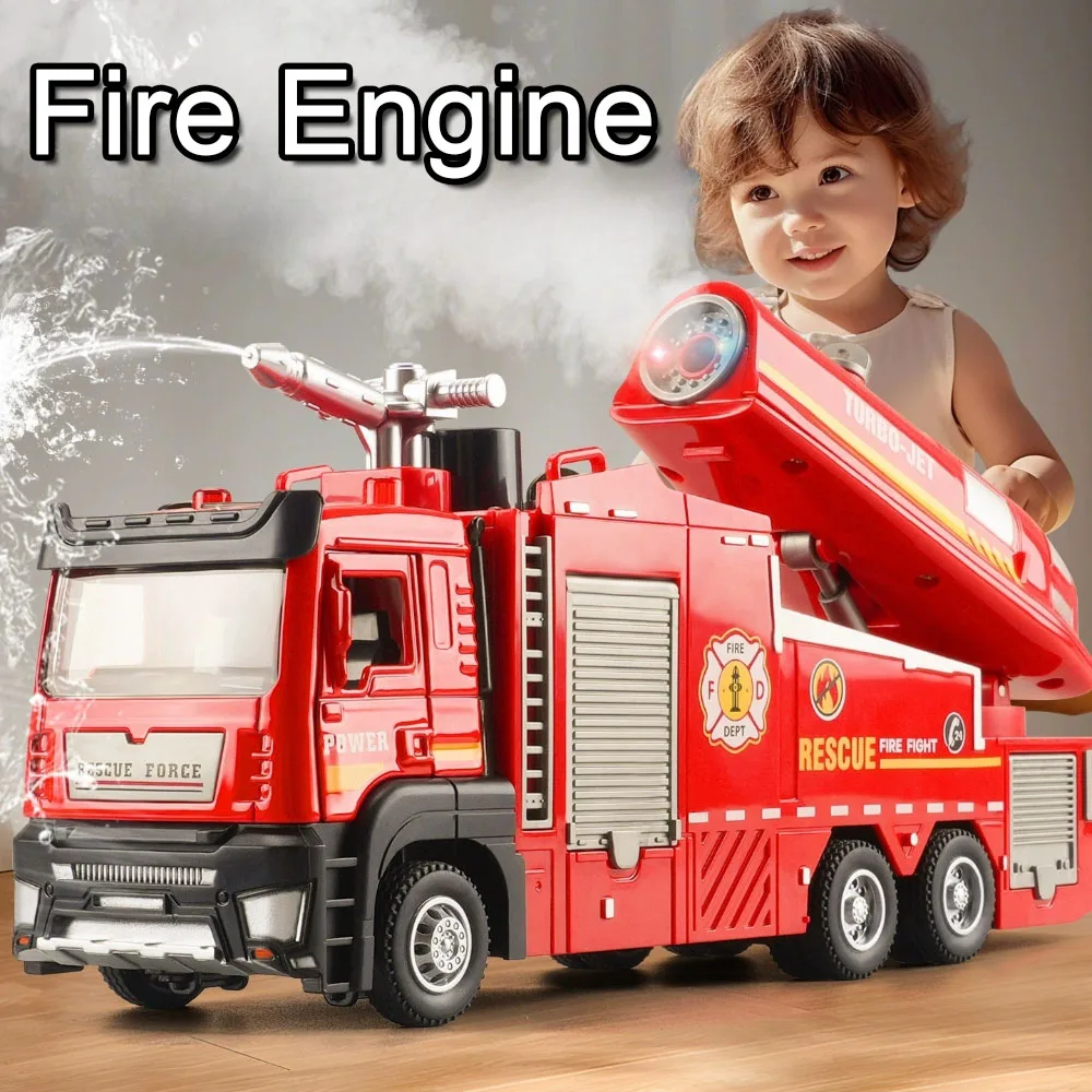 Modelo de motor de bomberos de aleación 1:32, juguetes, coche fundido a presión, función de pulverización de agua, puertas abiertas, sonido, luz, camión de bomberos extraíble, regalo para niños