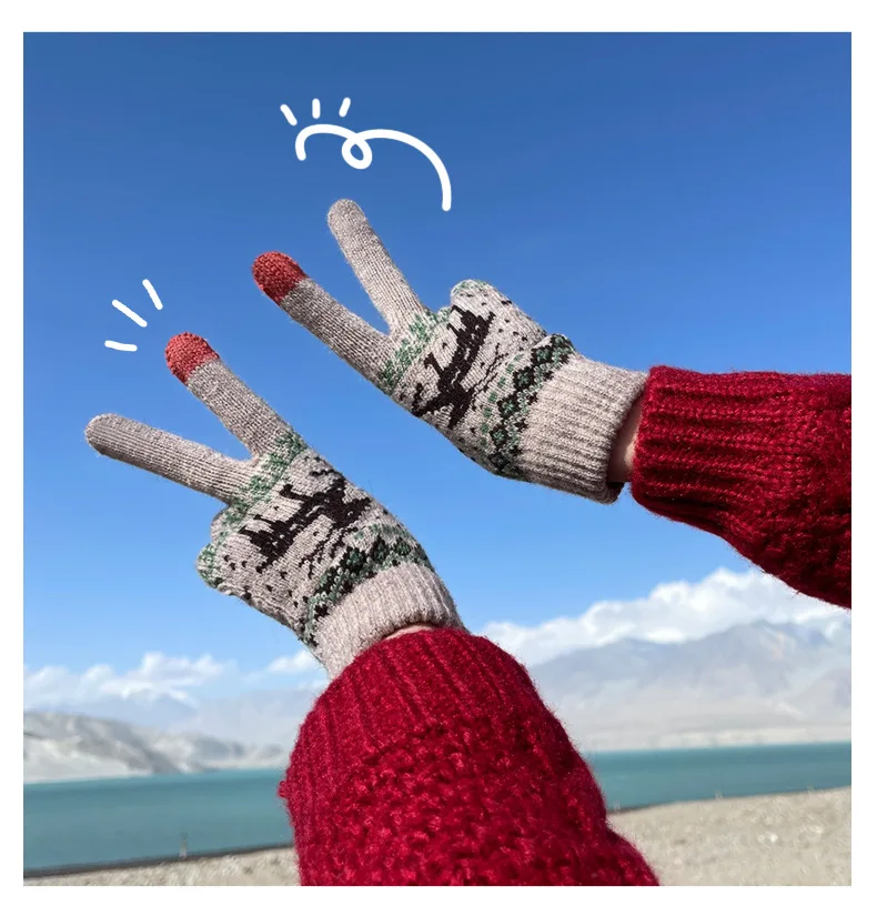 Winter Christmas Knitted Gloves Women's Outdoor Windproof Warm Thickened Padded Five Finger Woolen Gloves Can Touch Screen Soft