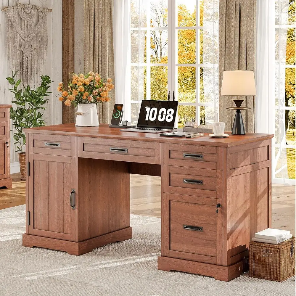 

Executive Cherry Brown Wooden Desk with Drawers, File Cabinet, and Charging Station for Home Office