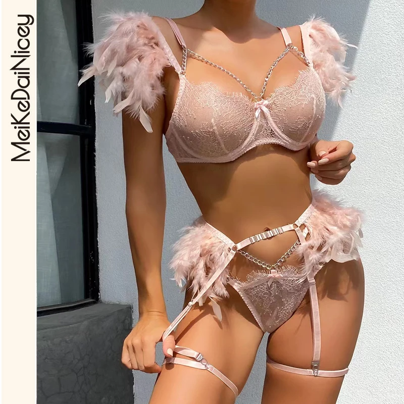 MeiKeDaiNicey Feather Sensual Lingerie Sexy Transparent Lace Bra with Chain Exotic Sets Porn 3 Piece Set Garters Erotic Costumes