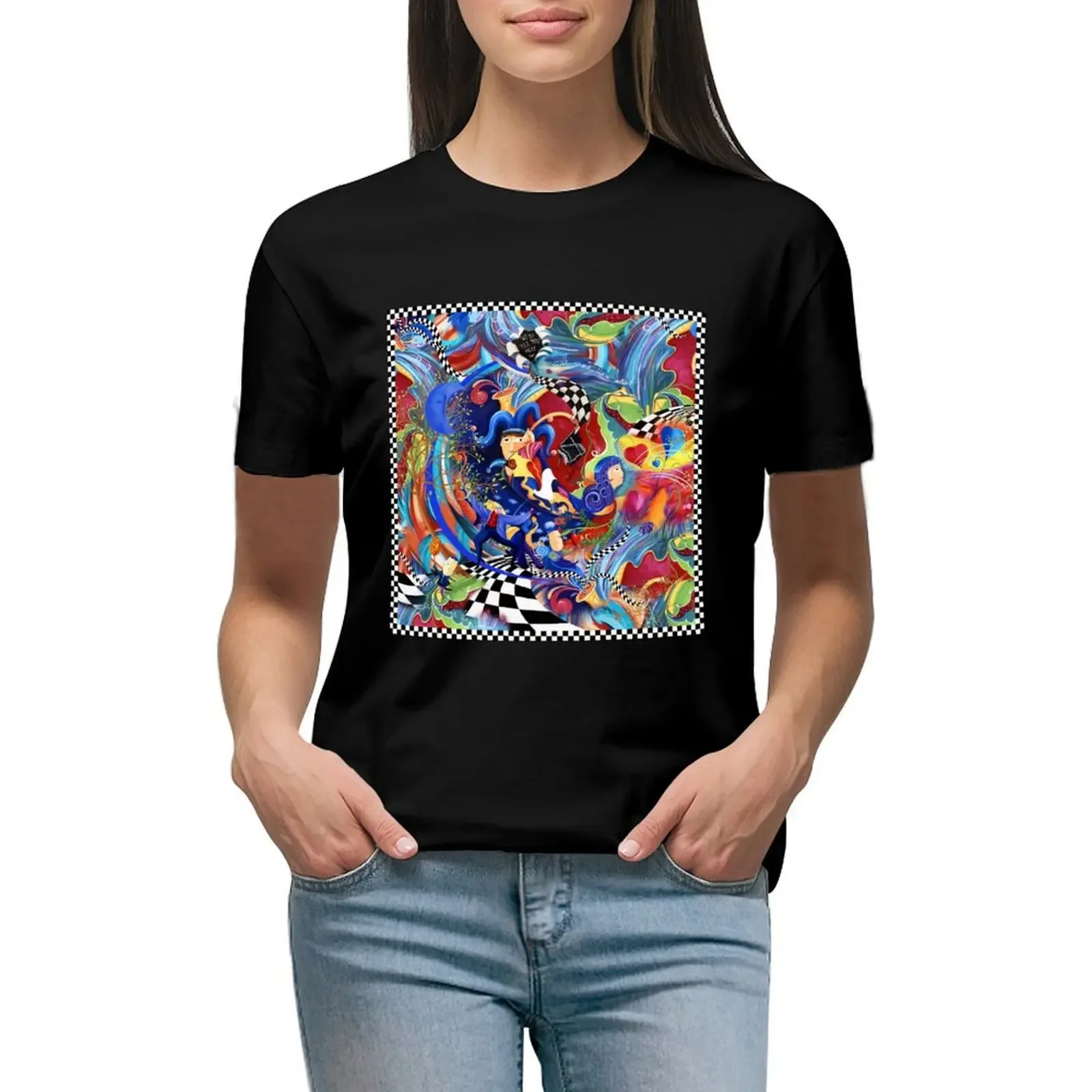 She Wears Her Mind. Whimsical Woman Artist, Jester, Harlequin, Colorful T-Shirt customs vintage korean fashion woman t shirt