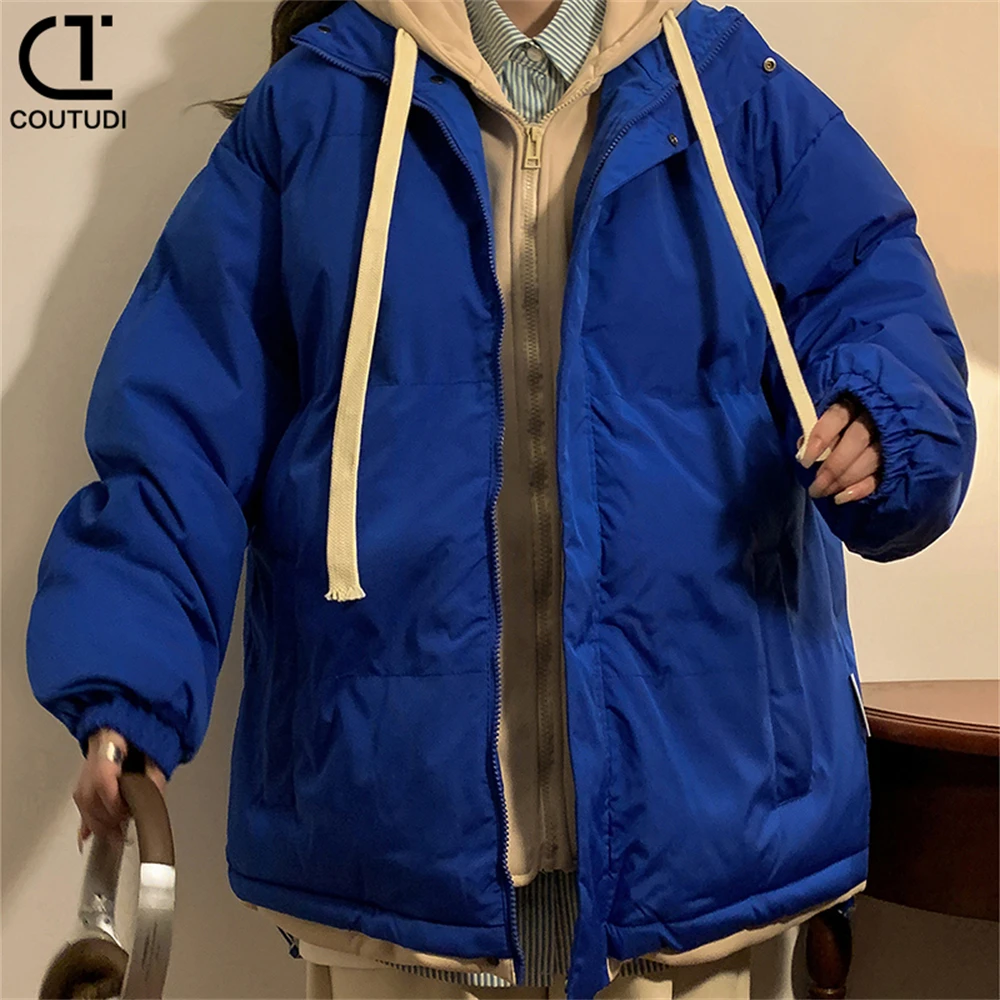 COUTUDI-Women's Winter Down Jacket, Korean Fashion, Y2k Fake Two Hoodies, Loose Cotton Coat Female Outdoor Casual Bread Clothing