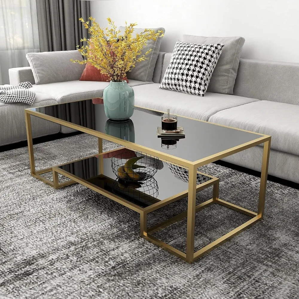 

Glass Coffee Table, Brass Accent Modern Tempered Glass Side Table, Additional Storage Shelf & Metal Frame, for Living R