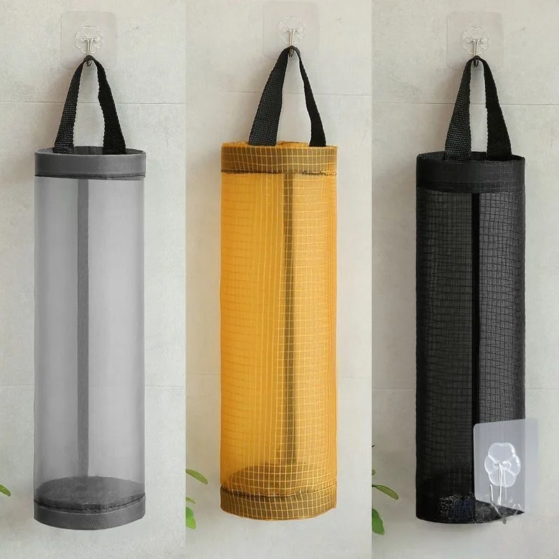 2/3/5pcs Grey Home Grocery Bag Storage Wall Mount Mesh Plastic Bags Dispenser Hanging Reused Storage Pouch Kitchen Trash Bags