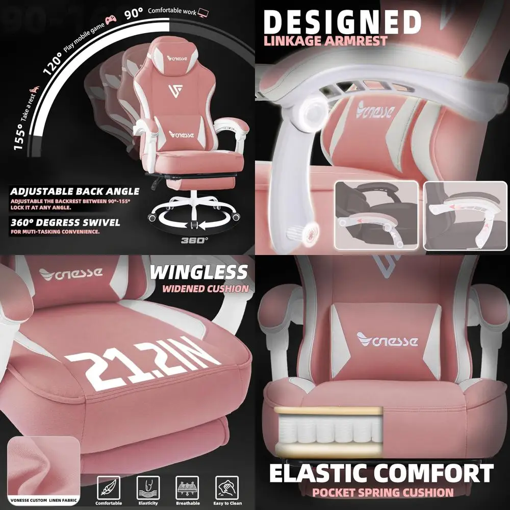 Pink Ergonomic Gaming Chair with Spring Cushion, Footrest, and Massage Lumbar Support for Adults up to 250LBS