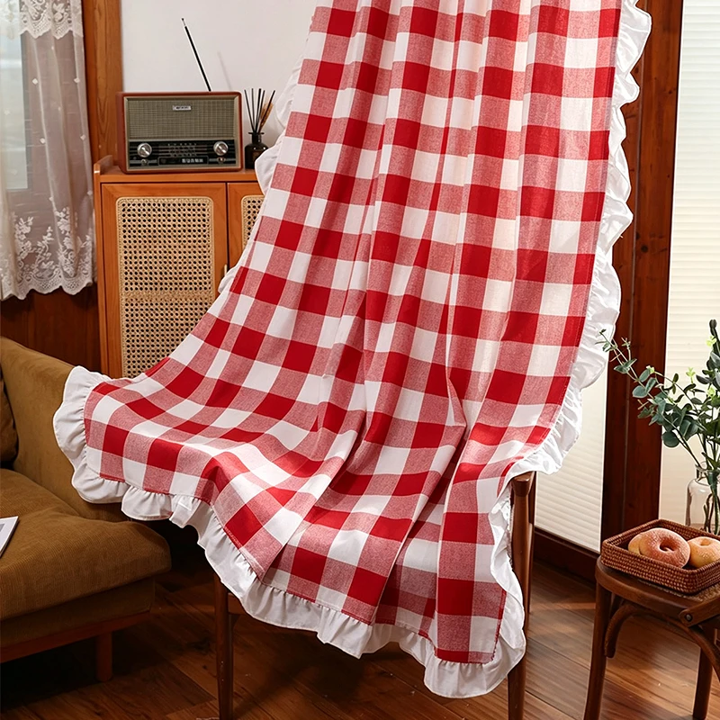 1/2Pcs Pastoral Lotus Leaf Edge Grid Balcony Bay Window Curtain Suitable for Bedrooms, Living Rooms, Dining Rooms, Festivals