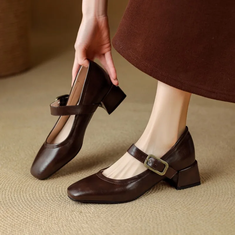 Spring/Autumn Fashion Buckle Single Women's Solid Color Model Square Toe Beautiful Casual and Comfortable Loafers Zapatos