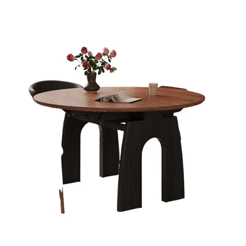 Medieval solid wood folding dining table variable round table household small apartment 2025 new retractable American round