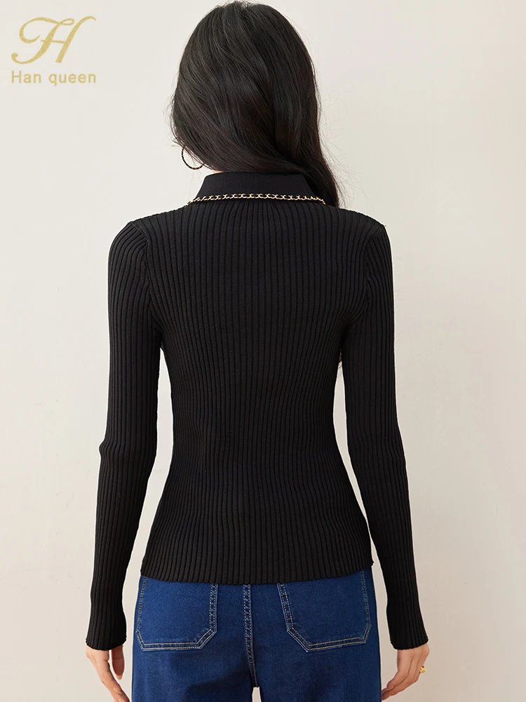 H Han Queen Spring Zipper Tops Sweater Long Sleeve Black Vintage Casual knitted Pullover Sweaters Korean Style Women\'s Clothing